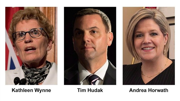 La chef libérale, Kathleen Wynne, le chef conservateur, Tim Hudak, la chef néo-démocrate, Andrea Horwath 