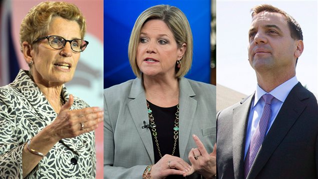 Les trois chefs : la libérale Kathleen Wynne (à g.), Andrea Horwath du NPD et le conservateur Tim Hudak