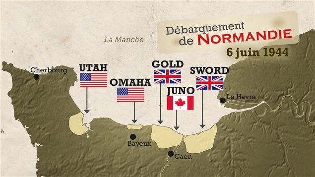 Débarquement de Normandie. Le Canada y débarque à JUNO avec 10 % de tous les effectifs militaires.