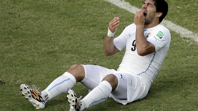 لاعب منتخب الأورغواي لويس سواريز خلال المباراة بين منتخب بلاده والمنتخب الإيطالي التي جرت في البرازيل في 24 حزيران يونيو 2014