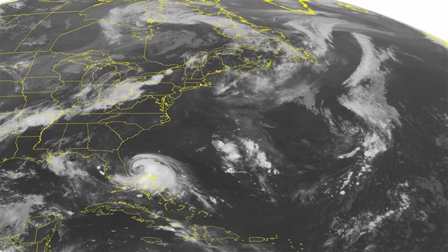 Image satellite de la tempête Arthur qui a entrainé l'éclosion du feu bactérien dans les vergers de la Nouvelle-Écosse