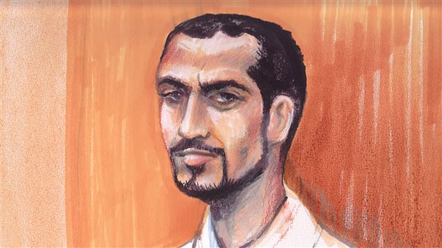 Omar Khadr as he appeared in an artist's sketch in an Edmonton courtroom in September, 2013. Khadr has a thin beard combined with a goatee and short-cropped black hair.