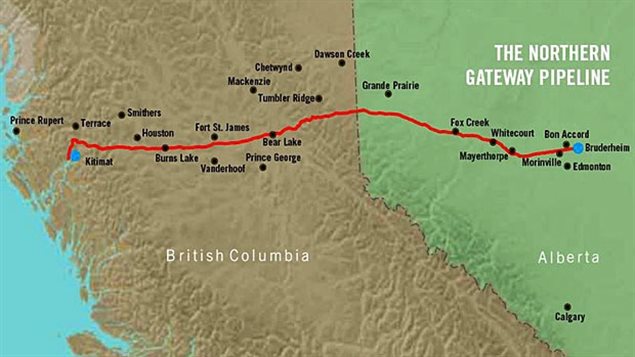L’itinéraire du projet de pipeline Northern Gateway  long de 1,177 km qui devrait en principe traverser le territoire des Premières Nations et qui vient d’être rejeté par la Cour d’appel fédérale
