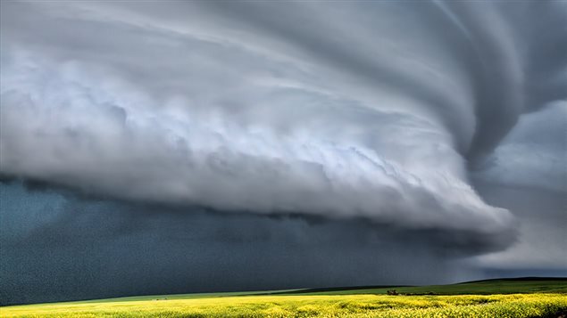Un nuage menaçant au-dessus de l'est de Kindersley, en Saskatchewan, le 17 juillet 2014.