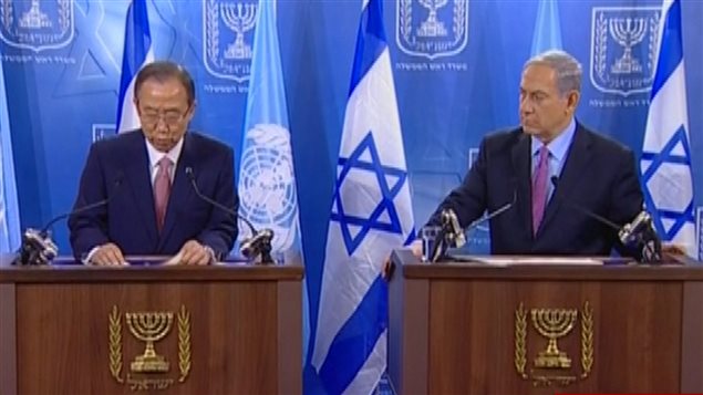 Le secrétaire général des Nations unies, Ban Ki-Moon en compagnie du premier ministre israélien, Benyamin Nétanyahou