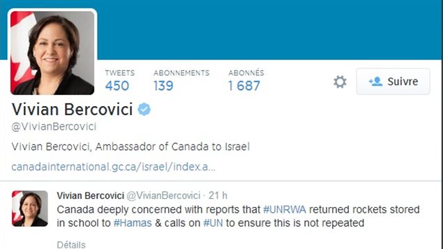 حساب السفيرة الكندية في إسرائيل على تويتر