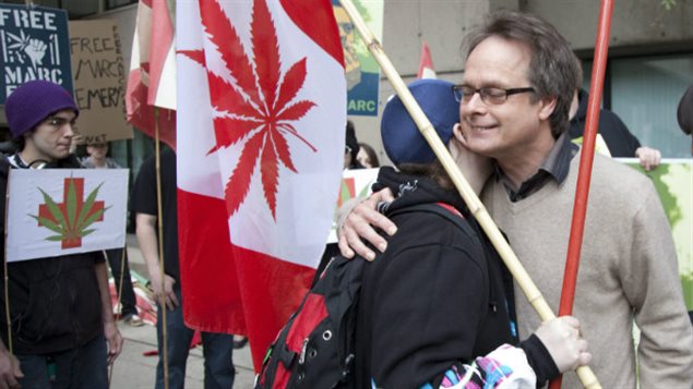 Marc Emory with supporters at a protest in Vancouver, British Columbia, before his incarceration in the United States.