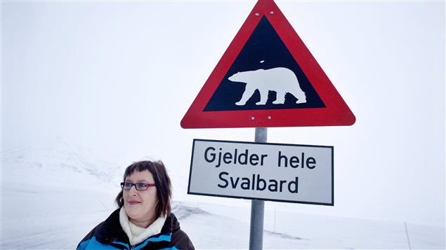 لافتة تحذّر من الدب القطبي في أرخبيل سفالبارد في الشمال القطبي
