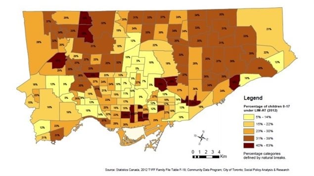 À Toronto, 15 quartiers sur 140 ont plus de 40 % de leurs enfants qui vivent dans la pauvreté, selon l’étude.