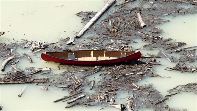 A canoe lies among the damage caused by a tailings pond breach near the Mount Polley mine. We see the brown canoe marooned on a pile of wooden debris sitting on damp earth surrounded by ugly, grey liquid silt. 