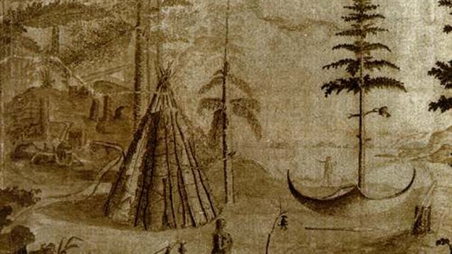 Una vivienda, o tipi, y canoa beothuk. Dibujo del explorador John Cartwright.