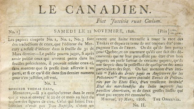 الجزء الأعلى من الصفحة الأولى من العدد الأول من جريدة "لو كنديان" الصادرة في كيبيك يوم السبت الموافق فيه 22 تشرين الثاني (نوفمبر) من عام 1806
