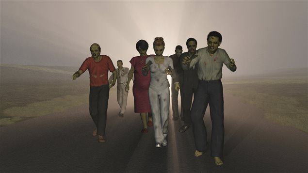Des zombies marchent sur une route. Des zombies marchent sur une route.