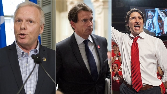 Jean-François Lisée, Pierre Karl Péladeau et Justin Trudeau Jean-François Lisée, Pierre Karl Péladeau et Justin Trudeau