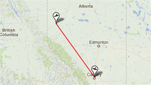 Le trajet normalement prévu du vol 8481 dans le ciel de l'Alberta.