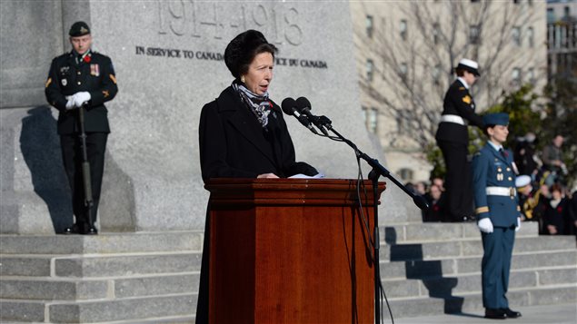 Princess Anne conveys a message from the Queen during the Remembrance Day ceremony at the National War Memorial in Ottawa today.