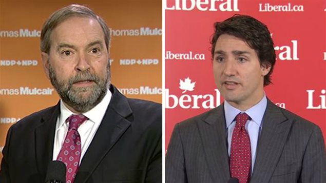 Thomas Mulcair, chef du Nouveau parti démocratique, et Justin Trudeau, chef du Parti libéral du Canada