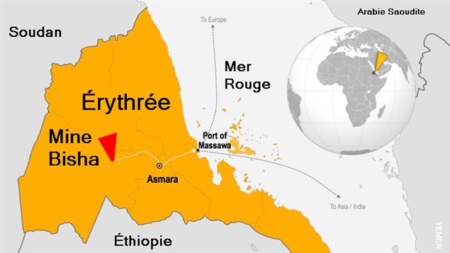 Une carte situant la mine Bisha à l’est d’Asmara en Érythrée.