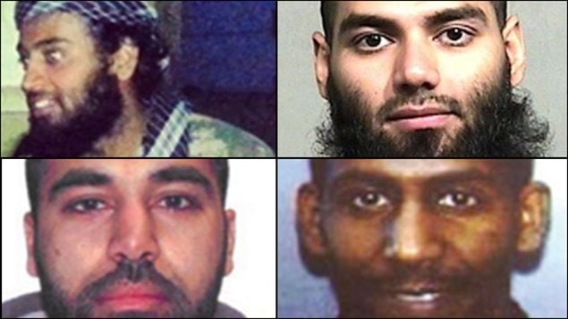 Ahmad Waseem (en haut à gauche), Hasibullah Yusufzai (en haut à droite), Maiwand Yar (en bas à gauche) et Ferid Ahmed Imam sont des Canadiens accusés de liens avec des terroristes dangereux et accusé par la GRC, mais qui sont toujours en liberté (CBC)
