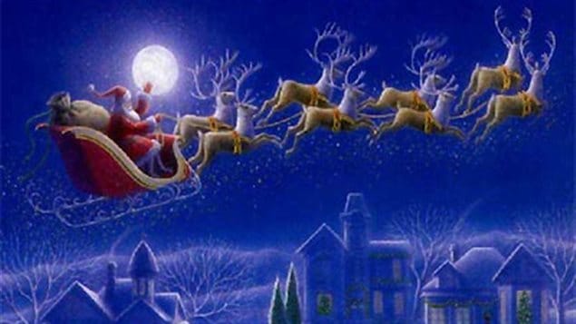The idea of Santa and his reindeer was created by a quiet American lawyer early in the 19th Century. We see Santa and his reindeer crossing in front of the moon and over a gingerbread town. Santa's red and the reindeers' brown is contrasted with a deep, dark blue that dominates the drawing.
