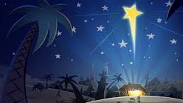  An artist's view of events in Bethlehem 2014 years ago. We see a manger bathed in bright light with an enormous gold star surrounded by other smaller stars in a dark blue sky. The manger sits in the midst of giant palm trees.