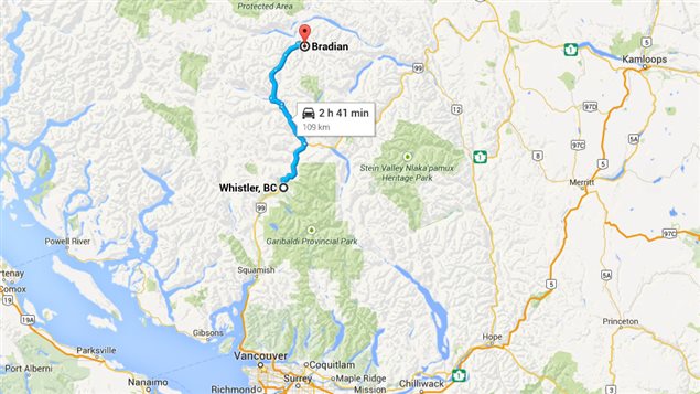 Carte illustrant la route entre Whistler et Bradian