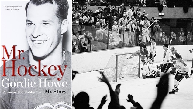 La couverture du livre <i>Mr. hockey : my story</i> et photographie du 545e but de la carrière de Gordie Howe.