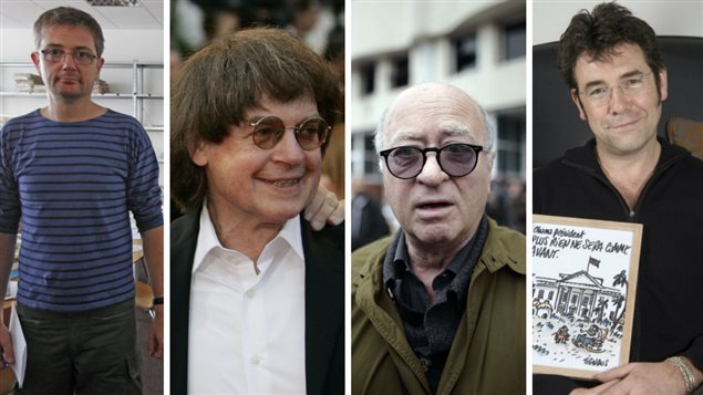 De gauche à droite : Charb, Cabu, Wolinski, et Tignous