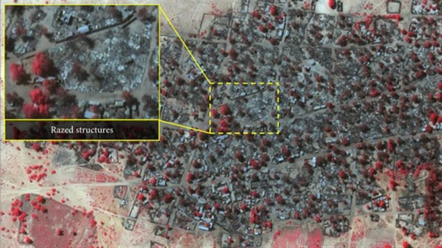 Imagen satelital del pueblo de Doron Baga tomada el pasado 7 de enero. El rojo representa la vegetación en el pueblo. Unas 3100 estructuras fueron destruidas.  
