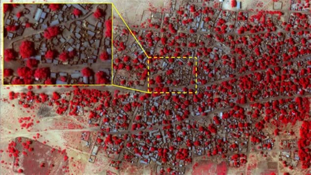 Imagen satelital del pueblo de Doron Baga tomada el pasado 2 de enero, antes del ataque. El rojo representa la vegetación en el pueblo.