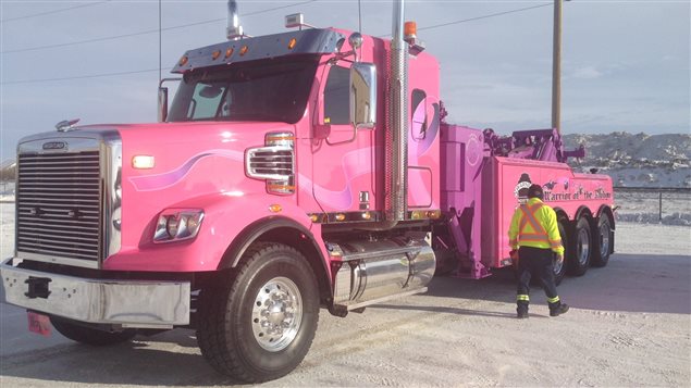 Le mari d'une femme qui a survécu huit fois au cancer du sein lui a offert un camion repmorque rose de 75 tonnes.