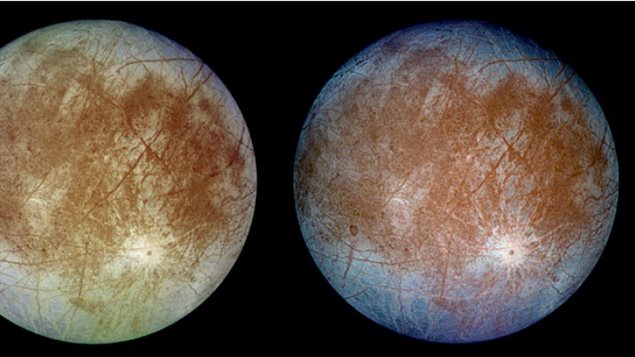 Des images prises par la sonde Galileo de la NASA dans les années 1990 montrent des stries brunes dans la glace qui semblent contenir des composés de soufre. NASA