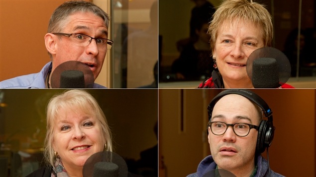 De gauche à droite et de haut en bas : le directeur du Regroupement pour la valorisation de la paternité, Raymond Villeneuve, la directrice générale de l’Initiative Amis des pères au sein des familles, Francine De Montigny, l'auteure du livre <i>Les pères et la prise du congé parental ou de paternité : une nouvelle réalité</i>, Diane-Gabrielle Tremblay, et l'animateur Alexandre Courteau De gauche à droite et de haut en bas : le directeur du Regroupement pour la valorisation de la paternité, Raymond Villeneuve, la directrice générale de l’Initiative Amis des pères au sein des familles, Francine De Montigny, l'auteure du livre <i>Les pères et la prise du congé parental ou de paternité : une nouvelle réalité</i>, Diane-Gabrielle Tremblay, et l'animateur Alexandre Courteau