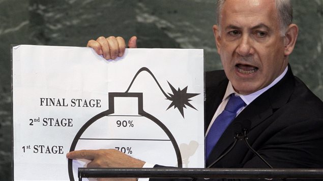 Benjamin Netanyahu durante su presentación ante Naciones Unidas en 2012.