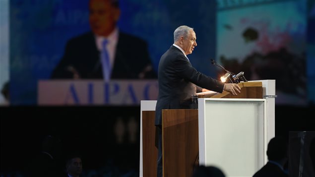 Le premier ministre israélien Benyamin Nétanyahou, lors de son discours devant les délégués de l'AIPAC, lundi matin.