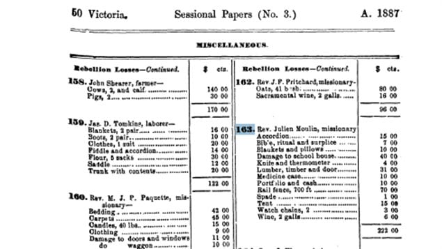 Documents parlementaires du Canada de 1887 détaillant les dédommagements demandés dans la foulée de la défaite des métis aux mains de l'armée canadienne en 1885. L'historienne Juliette Champagne croit que le fait qu'aucune cloche ne figure dans la liste préparée par le missionnaire Julien Moulin pour Batoche (no 163) est une preuve que la cloche de Batoche n'a jamais été volée.