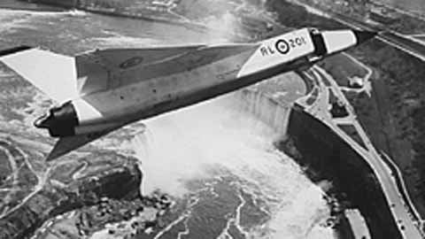 The beautiful Avro Arrow above Canada's Niagara (Horseshoe) Falls on one of its test flights.