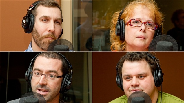 De gauche à droite et de haut en bas : le neuropsychologue Dave Ellemberg, la chercheuse et personne-ressource de l'AQETA Odette Raymond, l'auteur et animateur en participation citoyenne Emmanuel Lauzon et l'humoriste Philippe Laprise De gauche à droite et de haut en bas : le neuropsychologue Dave Ellemberg, la chercheuse et personne-ressource de l'AQETA Odette Raymond, l'auteur et animateur en participation citoyenne Emmanuel Lauzon et l'humoriste Philippe Laprise