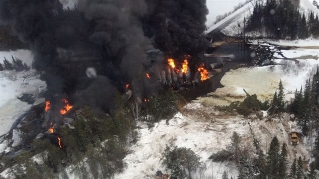 An aerial view of a CN train derailment site near Gogama, Ontario on March 7,2015.  It is the third oil-car derailment in a month, the second in the same area.