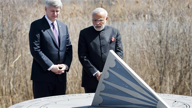 Prime Minister Harper accompanies India's Prime Minister Narendra Modi to the Air India Memorial on Toronto's Lake Shore.