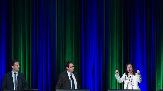 PQ leadership candidates, from left, Alexandre Cloutier, Pierre Karl Peladeau, and Martine Ouellet in the final debate in Montreal, May 7, 2015. 