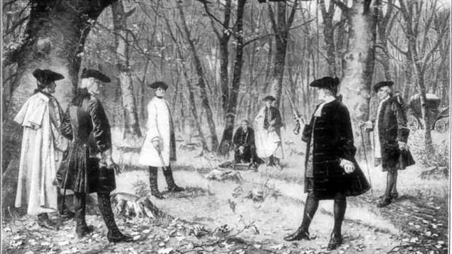   This artist rendering of the fatal US duel between Alexander Hamilton and Vice President Aaron Burr in 1804 gives an idea of what pistol duels of the period were like, and although illegal, nonetheless with a strict code of conduct