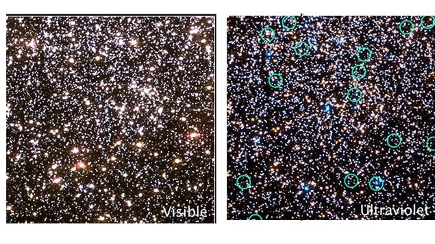 Using visible light, the white dwarfs are obscurred by the much brighter stars. (RIGHT) Filtering for ultraviolet light allows the fainter white dwarfs to be detected