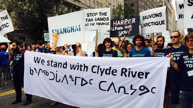 Climate change protesters exhibited their solidarity with residents of Clyde River against seismic testing in New York City in 2014.