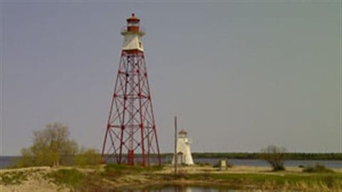 Hecla Lighthouses at Gull Harbour, Lake Winnipeg, Manitoba. The original lighthouse was built in 1898. The taller tower came 30 years later. 