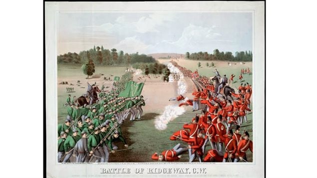 A highly fanciful depiction of the Battle of Ridgeway. Historian Peter Vronsky writes-  In reality the Canadians on the right wore both traditional redcoats (13th Bn, Hamilton) and rifleman green tunics (2nd Bn, Queen's Own Rifles, Toronto) The Fenians were dressed in a variety of U.S. Army Union blue uniforms and civilian clothes with green scarves.  Nor did the combatants line up in ranks on the field facing each other.
