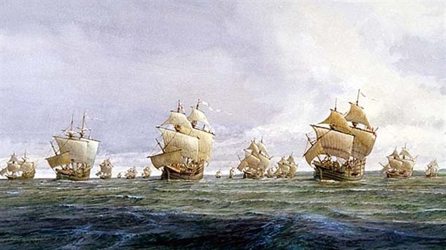 The impressive fleet of shps saling out on June 3 1578 for the Canadian arctic to mine "gold ore"..or perhaps for a more political reason?
