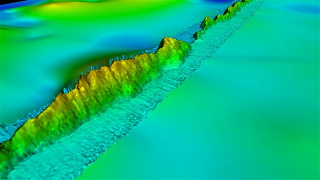 The vessel mapped a 140km section of an asymmetric volcanic ridge feature at 3800m depth, associated with the Atlantic spreading. 3D perspective of the ridge, from West to East, overlain on previously available GEBCO data.