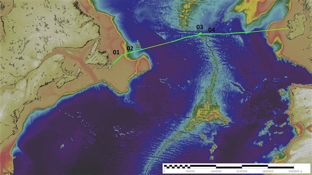 Overview of the Atlantic Transect. from StJohn's over Canada's continental shelf, the ocean's central rdige, to the Irish shelf and Galway in Ireland