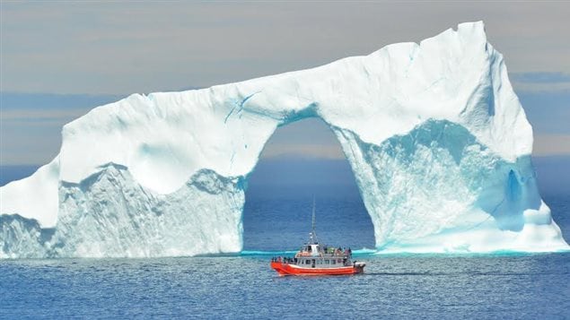 The ship, The Cetacean Quest, dwarfed by a massive iceberg